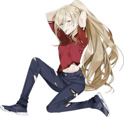 1girl akira_(kadokawa) breasts denim full_body jeans kantai_collection long_hair looking_at_viewer navel official_art on_one_knee pants red_shirt richelieu_(kancolle) richelieu_deux_(kancolle) richelieu_deux_(winter_mode)_(kancolle) shirt small_breasts stomach torn_clothes torn_jeans torn_pants torn_shirt transparent_background tying_hair