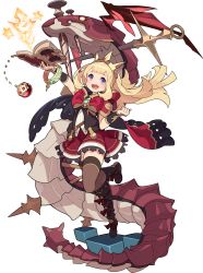 Rule 34 | 1girl, arm up, artist request, bangle, belt, black footwear, blonde hair, blunt bangs, blush, book, boots, bow, bowtie, bracelet, brooch, brown thighhighs, brown vest, cagliostro (granblue fantasy), cape, clenched hand, colored sclera, cube, dragon, electricity, female focus, flat chest, frilled skirt, frills, full body, gem, granblue fantasy, hand up, happy, highres, holding, holding book, impaled, jewelry, knee boots, leg up, long hair, looking at viewer, miniskirt, nail, non-web source, official art, open book, open mouth, orange sclera, ouroboros (granblue fantasy), outstretched arm, purple eyes, red cape, red neckwear, red skirt, shirt, sidelocks, simple background, skirt, sleeveless, sleeveless shirt, smile, solo focus, standing, standing on one leg, star (symbol), teeth, thighhighs, tiara, transparent background, two-sided cape, two-sided fabric, vambraces, vest, white shirt, world flipper, yellow eyes, yellow headwear, zettai ryouiki