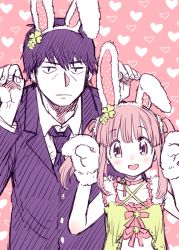 Rule 34 | 1boy, 1girl, :d, amezawa koma, animal ears, animal hands, blush, brown eyes, brown hair, character request, closed mouth, dress, fake animal ears, fingernails, flower, formal, gloves, hair flower, hair ornament, hairband, hands up, idolmaster, jacket, jitome, looking at viewer, necktie, open mouth, paw gloves, producer (idolmaster), producer (idolmaster cinderella girls anime), rabbit ears, rabbit pose, sanpaku, short hair, smile, suit, twintails, yellow flower