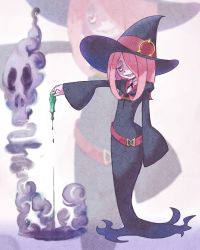 Rule 34 | 10s, 1girl, female focus, grin, hair over one eye, hat, little witch academia, long hair, ma2da, pink hair, poison, red eyes, skull, smile, smoke, solo, sucy manbavaran, tagme, teeth, witch, witch hat