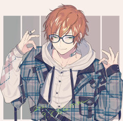 Rule 34 | 1boy, asymmetrical sleeves, bandaid, bandaid on neck, bespectacled, black jacket, blue-framed eyewear, buckle, buttons, closed mouth, collarbone, collared jacket, commentary, dated, dizzy trap (project sekai), drawstring, english commentary, fingernails, glasses, green eyes, grey background, grey jacket, hair between eyes, highres, hood, hood down, hoodie, jacket, layered sleeves, long sleeves, male focus, mismatched sleeves, ok sign, orange hair, plaid, plaid jacket, pocket, project sekai, shinonome akito, short hair, short over long sleeves, short sleeves, sohu, solo, twitter username, two-sided fabric, two-sided jacket, two-tone background, upper body, white background, white hoodie
