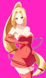 Rule 34 | 1girl, a-kiraa (whisper), absurdres, bare shoulders, blonde hair, breasts, cleavage, commission, covered navel, dress, elbow gloves, gloves, hair intakes, highres, holding, holding whip, long hair, pink background, pixiv commission, ponytail, red dress, red eyes, red gloves, red legwear, shynesslady, smile, standing, star ocean, star ocean the second story, very long hair, whip
