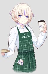 Rule 34 | 1girl, absurdres, alternate costume, apron, banpen (todoroki hajime), blonde hair, choker, coffee cup, cropped legs, cup, disposable cup, green apron, grey background, highres, holding, holding tray, hololive, hololive dev is, long sleeves, looking at viewer, multicolored hair, purple eyes, purple hair, shirt, simple background, smile, solo, streaked hair, todoroki hajime, toketa (toketa15), tray, virtual youtuber, white shirt