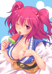 Rule 34 | 1girl, bad id, bad pixiv id, breasts, cleavage, female focus, food, hair bobbles, hair ornament, kyasurei, large breasts, one eye closed, onozuka komachi, pink hair, popsicle, short hair, solo, takahina, touhou, twintails, two side up, watermelon bar, wink