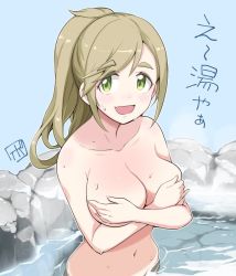 Rule 34 | 1girl, bowieknife, breasts, brown hair, collarbone, covering privates, covering breasts, covering nipples, crossed arms, day, fang, green eyes, inuyama aoi, large breasts, long hair, nude, onsen, open mouth, outdoors, side ponytail, skin fang, solo, thick eyebrows, upper body, yurucamp