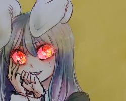 Rule 34 | 1girl, animal ears, biting, biting another&#039;s hand, crazy smile, glowing, glowing eyes, hand on own face, long hair, long sleeves, looking to the side, pog (tojlko), portrait, purple hair, rabbit ears, red eyes, reisen udongein inaba, simple background, sketch, smile, solo, sweatdrop, teeth, touhou