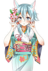 Rule 34 | 10s, 1girl, alternate costume, animal ears, bad id, bad pixiv id, blue eyes, blue hair, cat ears, chima (fusigiko), cowboy shot, floral print, flower, fur, hair flower, hair ornament, hands up, japanese clothes, kimono, looking at viewer, matching hair/eyes, obi, sash, short hair, simple background, sinon (sao-alo), smile, solo, sword art online, white background, wide sleeves