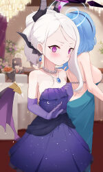Rule 34 | 2girls, absurdres, ako (blue archive), ako (dress) (blue archive), ass, asymmetrical hair, bare shoulders, blue archive, blush, breasts, butt crack, chinese commentary, closed mouth, commentary request, demon girl, demon horns, demon wings, dress, elbow gloves, gloves, halo, highres, hina (blue archive), hina (dress) (blue archive), horns, jewelry, jixo (user nzhc8728), looking at viewer, multiple girls, necklace, official alternate costume, parted bangs, pearl necklace, pendant, purple dress, purple eyes, purple gloves, purple halo, small breasts, strapless, strapless dress, sweatdrop, variant set, white hair, wings