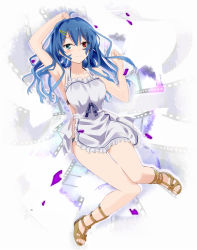 Rule 34 | 1girl, apron, armpits, arms up, bad id, bad pixiv id, bikini, black bikini, blue eyes, blue hair, blush, character request, gotyou, hair ornament, hairclip, heterochromia, knees together feet apart, long hair, lying, matching hair/eyes, naked apron, on back, ore to kanojo no pandora box, red eyes, sandals, smile, solo, swimsuit