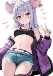 Rule 34 | 1girl, animal ears, bare shoulders, black nails, black tank top, blue archive, blue shorts, blush, breasts, closed mouth, collarbone, commentary request, crop top, crossed bangs, ear tag, grey hair, hair between eyes, hand up, highres, jacket, jewelry, long hair, long sleeves, looking at viewer, micro shorts, midriff, mochitsuki karen, mouse ears, mouse girl, nail polish, navel, off shoulder, official alternate costume, petite, puffy long sleeves, puffy sleeves, purple jacket, ring, saya (blue archive), saya (casual) (blue archive), short eyebrows, shorts, simple background, small breasts, smile, solo, tank top, thick eyebrows, v, white background