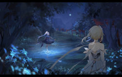 Rule 34 | 2girls, ayaka (genshin impact), backless dress, backless outfit, bare shoulders, blonde hair, blue dress, blue flower, blue hair, blue theme, blunt bangs, blurry, blurry foreground, chinese commentary, closed eyes, commentary request, detached sleeves, dress, facing away, flower, full body, full moon, genshin impact, hair flower, hair ornament, hand fan, highres, holding, holding fan, japanese clothes, lake, letterboxed, light blue hair, lizi (st3648), long hair, lumine (genshin impact), moon, mountainous horizon, multiple girls, night, night sky, outdoors, ponytail, sandals, short hair, short hair with long locks, sidelocks, sky, standing, standing on liquid, torii, tree, upper body, very long hair, white dress, white flower, white sleeves, zouri