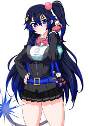 Rule 34 | 1girl, :&lt;, armband, black bomberman, black hair, black skirt, blue eyes, blue hair, bombergirl, bomberman, bow, bowtie, breasts, character hair ornament, closed mouth, collared shirt, cowboy shot, fingerless gloves, fuse, fuse tail, gloves, gradient hair, grey jacket, grey tail, hair between eyes, hair bobbles, hair ornament, hand on own hip, hand up, highres, jacket, kuro (bombergirl), large breasts, lit fuse, long hair, long sleeves, miniskirt, multicolored hair, one side up, pansy orchid, pink bow, pink bowtie, pink gloves, pleated skirt, shirt, simple background, skirt, solo, tail, two-tone hair, white background, white shirt, zipper, zipper pull tab