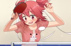 Rule 34 | 1girl, animal print, bad id, bad pixiv id, ball, blush, commentary request, dog print, flying sweatdrops, hair ribbon, highres, omaru gyuunyuu, open mouth, paddle, red eyes, red hair, ribbon, shakunetsu no takkyuu musume, shirt, short hair, short twintails, smile, solo, sweat, table tennis, table tennis ball, table tennis paddle, teeth, tsumujikaze koyori, twintails, wet, wet clothes