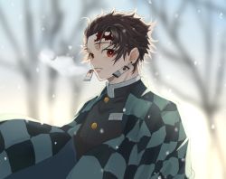Rule 34 | 1boy, belt, belt buckle, black shirt, blurry, blurry background, breath, bright pupils, brown hair, buckle, checkered haori, commentary request, earrings, eyelashes, jacket, jewelry, kamado tanjirou, kimetsu no yaiba, long sleeves, looking at viewer, male focus, mutsu (621300), open mouth, parted lips, red eyes, scar, scar on face, scar on forehead, school uniform, shirt, short hair, snow, snowing, solo, standing, symbol-shaped pupils, tree, upper body, weapon, white pupils, winter