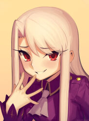Rule 34 | 1girl, ascot, boa (brianoa), collared shirt, commentary, english commentary, fate/stay night, fate (series), grin, highres, illyasviel von einzbern, long hair, looking at viewer, portrait, purple shirt, red eyes, shirt, smile, solo, uneven eyes, white ascot, white hair
