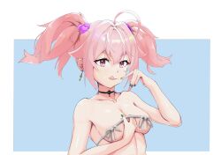 Rule 34 | 1girl, :q, absurdres, ahoge, black choker, blue nails, breasts, choker, cleavage, collarbone, commentary request, drop earrings, earrings, green nails, hand up, highres, jewelry, jitoujinkei hueyb, key earrings, looking at viewer, medium breasts, multicolored nails, nude, original, pink eyes, pink hair, simple background, solo, tongue, tongue out, twintails, upper body