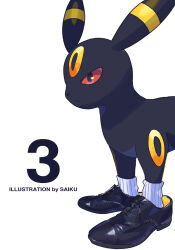 Rule 34 | absurdres, artist name, black footwear, closed mouth, commentary request, creatures (company), from side, frown, game freak, gen 2 pokemon, highres, nintendo, no humans, pokemon, pokemon (creature), red eyes, ribbed socks, saiku (zvlku), shoes, simple background, socks, solo, standing, umbreon, white background, white socks