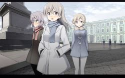 Rule 34 | 10s, 3girls, black coat, blonde hair, blue coat, blue eyes, blue scarf, brave witches, city, closed mouth, coat, day, eila ilmatar juutilainen, glastonbury1966, hands in pockets, light smile, long hair, looking at viewer, multiple girls, nikka edvardine katajainen, outdoors, pantyhose, parted lips, pink scarf, sanya v. litvyak, scarf, short hair, silver hair, standing, strike witches, white coat, world witches series
