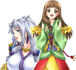 Rule 34 | 2girls, arshtat falenas, blue eyes, breasts, brown hair, detached sleeves, earrings, covered erect nipples, gensou suikoden, gensou suikoden v, happy, iyou, japanese clothes, jewelry, large breasts, lipstick, long hair, lymsleia falenas, makeup, mother and daughter, multiple girls, necklace, orange eyes, silver hair, yukkyun