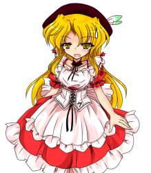 Rule 34 | 1girl, :d, apron, blonde hair, choker, collarbone, corset, cowboy shot, feathers, female focus, hat, hat feather, maid, maid apron, open mouth, puffy short sleeves, puffy sleeves, short sleeves, simple background, smile, solo, standing, sweatdrop, touhou, touhou (pc-98), transparent background, tsunogiri, waist apron, wavy mouth, white background, yellow eyes, yumeko (touhou)