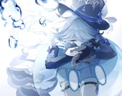 Rule 34 | 1girl, ascot, asymmetrical gloves, black gloves, blue ascot, blue brooch, blue eyes, blue hair, blue hat, blue jacket, cowboy shot, crying, crying with eyes open, from side, furina (genshin impact), genshin impact, gloves, hair between eyes, hair over one eye, haru same322, hat, highres, jacket, light blue hair, long hair, lue eyes, mismatched gloves, multicolored hair, shorts, sidelocks, simple background, smile, solo, streaked hair, teardrop, tears, top hat, two-tone hair, white background, white gloves, white shorts