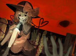 Rule 34 | 1girl, dutch angle, eyeball, graveyard, hat, horror (theme), komeiji koishi, red background, sitting, smile, tombstone, touhou, yumeno ruruka