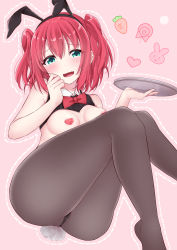 Rule 34 | 1girl, absurdres, animal ears, bare shoulders, black pantyhose, blush, bow, bowtie, breasts, fang, green eyes, hands up, harukasu (mememememo), highres, holding, kurosawa ruby, looking at viewer, love live!, love live! sunshine!!, medium breasts, medium hair, meme attire, open mouth, panties, pantyhose, pasties, pink background, rabbit ears, red hair, reverse bunnysuit, reverse outfit, simple background, skin fang, solo, underwear
