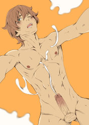 Rule 34 | 10s, 1boy, abs, absurdres, brown hair, cum, ejaculation, erection, green eyes, highres, isshiki satoshi, male focus, muscular, nipples, nude, open mouth, penis, shokugeki no souma, solo, testicles, wince, wink