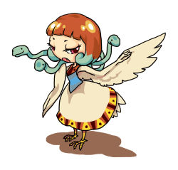 Rule 34 | 1girl, brown hair, cockatrice, dress, fang, feathered wings, full body, harpy, highres, kotori fumie, monster girl, original, pink eyes, shadow, simple background, snake hair, solo, talons, white background, winged arms, wings