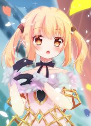 Rule 34 | 1girl, bassa, black bow, black gloves, black neckwear, black ribbon, blonde hair, blush, bow, character request, choker, commentary, copyright request, gloves, highres, looking at viewer, medium hair, open mouth, orange eyes, petals, pointy ears, ribbon, solo, twintails