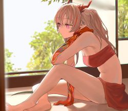 Rule 34 | 1girl, arknights, bandeau, bare legs, bare shoulders, barefoot, bead bracelet, beads, between legs, bodypaint, bracelet, breasts, cleavage, day, dragon horns, full body, hand between legs, highres, horns, indoors, jewelry, koio, long hair, medium breasts, midriff, miniskirt, multicolored hair, nian (arknights), pink eyes, pointy ears, ponytail, prayer beads, red hair, red skirt, silver hair, sitting, skirt, sleeveless, solo, strapless, streaked hair, sunlight, thighs, tree, tube top, two-tone hair