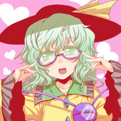 Rule 34 | 1girl, bad id, bad pixiv id, bespectacled, face, female focus, glasses, green eyes, green hair, hat, heart, komeiji koishi, kumadano, matching hair/eyes, monocle, monocle chain, open mouth, short hair, solo, touhou