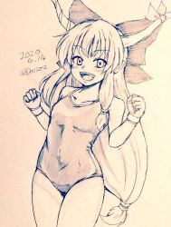 Rule 34 | 1girl, alternate costume, bare legs, bow, breasts, commentary request, covered navel, cowboy shot, d-m (dii emu), eyelashes, greyscale, hair bow, horns, ibuki suika, long hair, looking at viewer, monochrome, one-piece swimsuit, oni horns, open mouth, signature, sketch, swimsuit, touhou, traditional media, very long hair