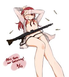 Rule 34 | 1girl, arm on own head, bad id, bad pixiv id, bare legs, black panties, breasts, collared shirt, dated, german text, gun, happy birthday, highres, long hair, long sleeves, looking at viewer, lying, machine gun, mg42, minna-dietlinde wilcke, navel, no bra, on back, open clothes, open mouth, open shirt, panties, red eyes, red hair, seedflare, shell casing, shirt, simple background, small breasts, solo, strike witches, underwear, weapon, white background, world witches series