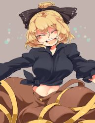Rule 34 | 1girl, :d, blonde hair, blush, bow, breasts, eyebrows, closed eyes, hair bow, happy, iroyopon, kurodani yamame, large breasts, long sleeves, midriff, navel, open mouth, shirt, short hair, skirt, smile, solo, thick eyebrows, tied shirt, touhou