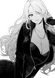 Rule 34 | 1girl, amano don, black gloves, breasts, cleavage, gloves, greyscale, hair over one eye, high collar, highres, jewelry, juusan kihei bouei ken, large breasts, long hair, looking to the side, monochrome, morimura chihiro, necklace, parted lips, simple background, unzipped, white background, zipper, zipper pull tab