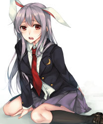 Rule 34 | 1girl, animal ears, black footwear, black socks, blazer, blush, breasts, brown eyes, crescent, crescent pin, dress shirt, highres, jacket, loafers, long hair, long sleeves, looking at viewer, medium breasts, necktie, o 0, open clothes, open jacket, open mouth, purple hair, purple skirt, rabbit ears, red necktie, reisen udongein inaba, rinarisa, shirt, shoes, sidelocks, sitting, skirt, socks, solo, touhou, wariza, white shirt