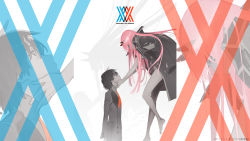Rule 34 | 10s, 1girl, cape, darling in the franxx, green eyes, highres, hiro (darling in the franxx), horns, long hair, naked cape, pink hair, school uniform, uniform, wallpaper, zero two (darling in the franxx)