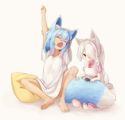 Rule 34 | 2girls, absurdres, animal ear fluff, animal ears, arm behind head, arms up, barefoot, blue hair, bow, bowtie, closed eyes, collarbone, collared dress, cumianjun, dress, fang, feet, fox ears, fox girl, fox tail, frilled dress, frills, full body, gradient hair, hair over one eye, highres, long hair, maid headdress, multicolored hair, multiple girls, open mouth, original, oversized clothes, oversized shirt, pillow, pink dress, pink hair, ponytail, pout, red bow, red bowtie, red eyes, seiza, shirt, short sleeves, simple background, sitting, skin fang, soles, stretching, tail, brushing tail, toes, very long hair, white background, white hair, white shirt