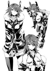 Rule 34 | 1girl, breast pocket, checkered clothes, checkered neckwear, closed mouth, collared shirt, eyepatch, fur-trimmed jacket, fur trim, gloves, greyscale, highres, holding, holding sword, holding weapon, ifuji shinsen, jacket, kantai collection, long sleeves, looking at viewer, monochrome, multiple views, necktie, parted lips, partially fingerless gloves, pocket, shirt, short hair, sketch, sleeveless, sword, tenryuu (kancolle), thighhighs, weapon