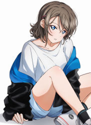 Rule 34 | 1girl, absurdres, black socks, blue eyes, brown hair, collarbone, grey shorts, hair ornament, hairclip, highres, looking at viewer, love live!, love live! sunshine!!, medium hair, parted lips, shirt, short shorts, shorts, simple background, sitting, sketch, socks, solo, watanabe you, white background, white footwear, white shirt, yuchi (salmon-1000)
