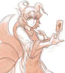 Rule 34 | 1girl, animal hat, dress, fox tail, hat, hat with ears, highres, kitsune, kuro suto sukii, kyuubi, long sleeves, mob cap, monochrome, multiple tails, simple background, sketch, solo, spell card, tabard, tail, touhou, white background, wide sleeves, yakumo ran
