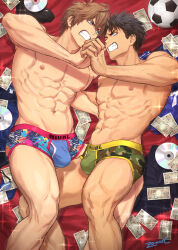 Rule 34 | 2boys, abs, armpits, bara, black hair, blue briefs, blue eyes, blue male underwear, briefs, bright pupils, brown hair, bulge, camouflage briefs, camouflage male underwear, camouflage underwear, clenched teeth, comiket, comiket 102, green briefs, green male underwear, holding hands, large pectorals, looking at another, male focus, male underwear, multiple boys, muscular, muscular male, navel, nipples, original, pectorals, short hair, teeth, thighs, underwear, white pupils, yaoi, zawar379