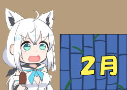 Rule 34 | 1girl, absurdres, ahoge, animal ears, aqua eyes, blue neckerchief, braid, brown background, chibi, commentary, detached sleeves, earrings, extra ears, fang, food, fox ears, fox girl, front slit, hand up, highres, holding, holding food, holding ice cream, hololive, hood, hooded vest, hoodie, ice cream, ice cream bar, jewelry, light blush, long hair, low ponytail, meme, morishi2000, neckerchief, open mouth, shirakami fubuki, shirakami fubuki (1st costume), side braid, sidelocks, simple background, single earring, skin fang, skyviewray&#039;s &quot;let&#039;s go&quot; (meme), solo, spongebob squarepants (series), surprised, v-shaped eyebrows, vest, virtual youtuber, white hair, white sleeves, white vest, wide sleeves