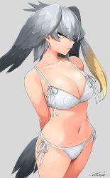 Rule 34 | 1girl, arms behind back, bird tail, bra, breasts, cleavage, closed mouth, collarbone, commentary request, cowboy shot, dated, eyes visible through hair, frown, green eyes, grey background, grey hair, happa (cloverppd), head wings, kemono friends, large breasts, navel, panties, sanpaku, shoebill (kemono friends), side-tie panties, signature, simple background, single sidelock, solo, tail, tsurime, underwear, underwear only, white bra, white panties, wings