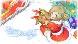 Rule 34 | 1girl, ahoge, aizawa inori, antlers, bell, blue eyes, brown hair, christmas, christmas ornaments, christmas tree, collateral damage studios, drill hair, english text, gift, hair ornament, highres, hood, horns, internet explorer, looking at viewer, looking back, looking up, open mouth, short hair, side ponytail, sitting, sleigh, smile, snow, solo, stuffed animal, stuffed toy, thighhighs, waha (artist), wallpaper, zettai ryouiki