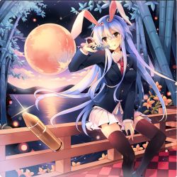 Rule 34 | 1girl, :p, animal ears, bamboo, bamboo forest, black footwear, black thighhighs, blazer, blue hair, blush, breasts, bullet, checkered floor, cloud, collared shirt, crescent, crescent pin, duplicate, flower, forest, full moon, gun, hair between eyes, handgun, holding, holding gun, holding weapon, jacket, kirero, lake, light particles, long hair, long sleeves, looking at viewer, miniskirt, moon, moonlight, mountain, nature, necktie, pink skirt, pleated skirt, purple hair, purple sky, rabbit ears, red eyes, red moon, red necktie, reflection, reisen udongein inaba, shirt, shoes, shooting star, silhouette, sitting on fence, skirt, sky, small breasts, solo, star (sky), sunset, thighhighs, tongue, tongue out, touhou, very long hair, water, weapon, zettai ryouiki