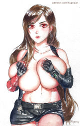 Rule 34 | 1girl, black panties, blue gemstone, breasts, brown hair, collarbone, covering breasts, covering privates, cowboy shot, earrings, final fantasy, final fantasy vii, gem, green gemstone, huge breasts, jewelry, kupocun, legs together, lips, long hair, microskirt, midriff, navel, painting (medium), panties, pantyshot, parted lips, pencil skirt, red eyes, short shorts, shorts, signature, simple background, skirt, solo, square enix, standing, suspender skirt, suspenders, swept bangs, thighs, tifa lockhart, topless, traditional media, underwear, unfastened, very long hair, watercolor (medium), watermark, web address, white background