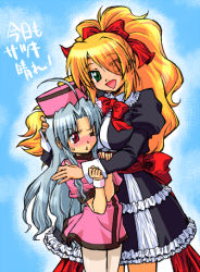 Rule 34 | 2girls, ;d, black dress, blonde hair, blue background, blush, bow, bowtie, cowboy shot, dress, green eyes, hair bow, height difference, long sleeves, looking at viewer, multiple girls, noritaka, one eye closed, open mouth, ponytail, red bow, red bowtie, red eyes, silver hair, simple background, smile, sweat, wavy hair, wince