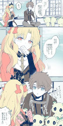 Rule 34 | 1boy, 1girl, azumi (myameco), black gloves, black thighhighs, blonde hair, blue eyes, blush, brown hair, cape, closed eyes, commentary, covering own mouth, earrings, ereshkigal (fate), fate/grand order, fate (series), fujimaru ritsuka (male), full-body blush, gloves, hoop earrings, jewelry, con (fate), looking at another, looking away, open mouth, red cape, red eyes, red ribbon, ribbon, single thighhigh, skull, skull collar, smile, spine, surprised, sweat, sweatdrop, thighhighs, tiara, translation request